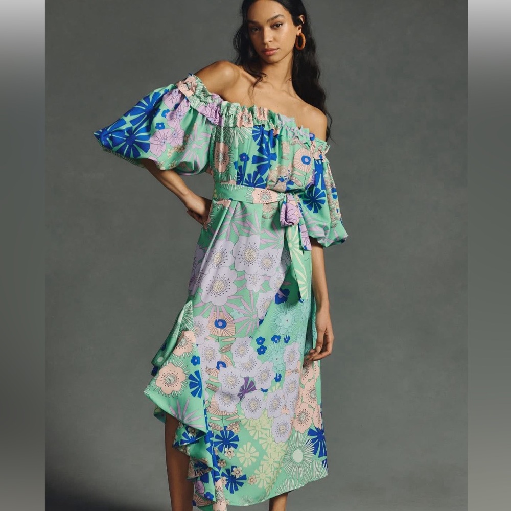 Asymmetrical Floral Dress in Green and Blue from Anthropologie
